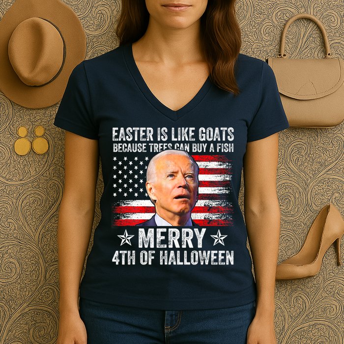 Anti Joe Biden Merry 4th Of Halloween 4th Of July Women's V-Neck T-Shirt
