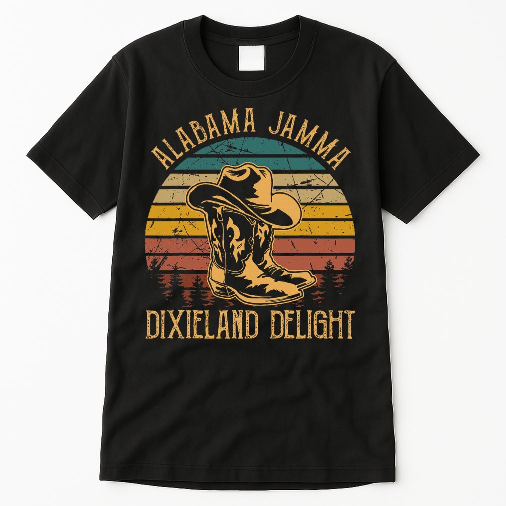 Alabama Jamma Dixieland Delight Cowboy Hat And Boots Tall T-Shirt