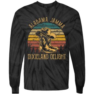 Alabama Jamma Dixieland Delight Graphic Cowboy Hat And Boots Tie-Dye Long Sleeve Shirt