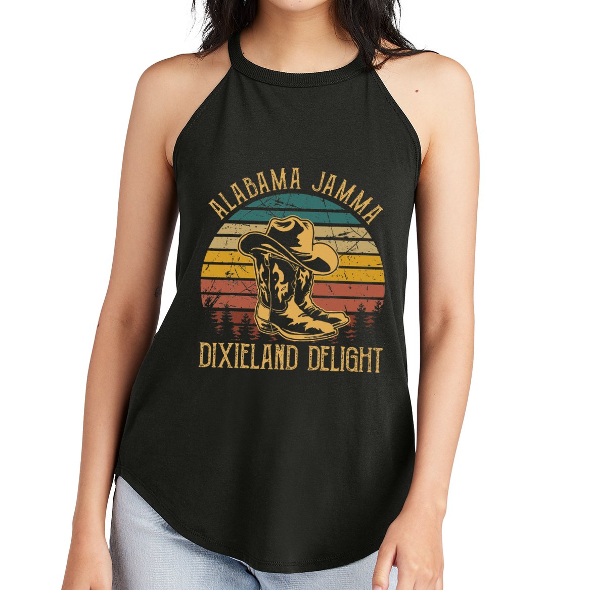 Alabama Jamma Dixieland Delight Graphic Cowboy Hat And Boots Women's Perfect Tri Rocker Tank