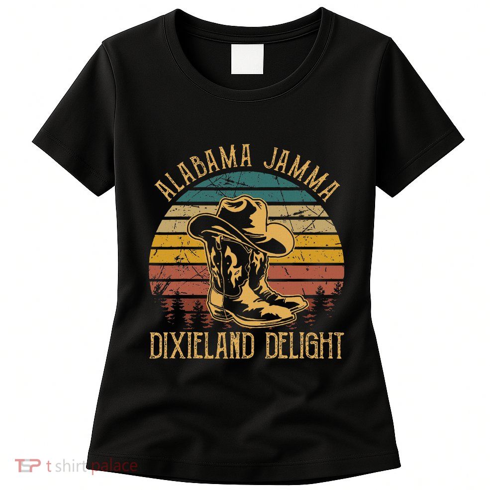 Alabama Jamma Dixieland Delight Graphic Cowboy Hat And Boots Womens T-Shirt