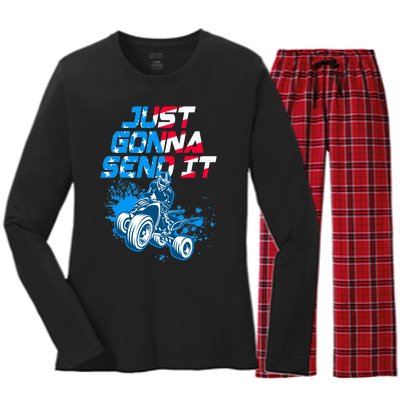 ATV Just Gonna Send It Funny Quad Bike USA Flag Women's Long Sleeve Flannel Pajama Set 