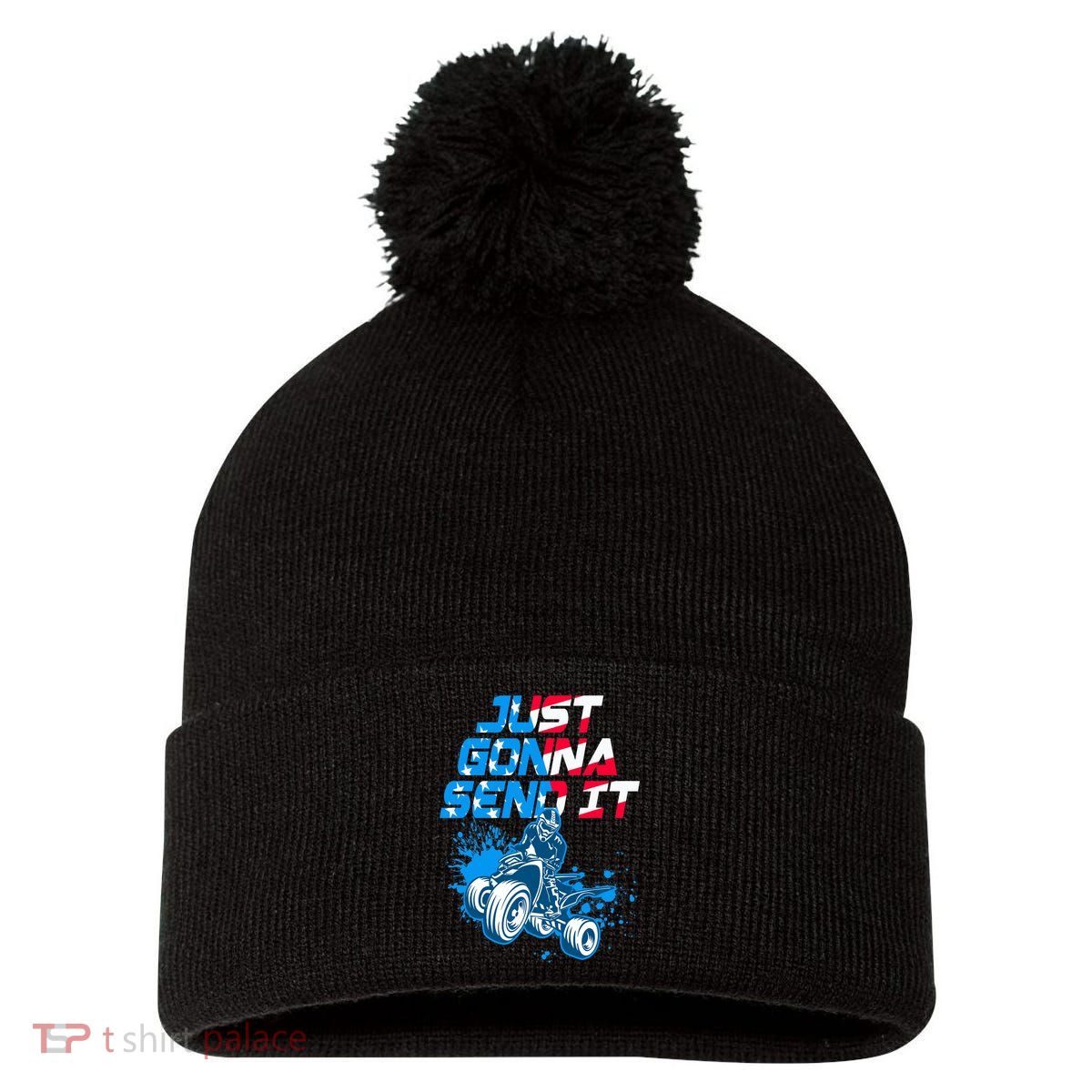 ATV Just Gonna Send It Funny Quad Bike USA Flag Pom Pom 12in Knit Beanie