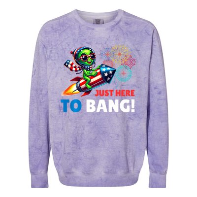 Alien Just Here To Bang Alien Riding A Rocket Fireworks Ufo Colorblast Crewneck Sweatshirt