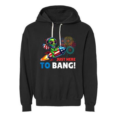 Alien Just Here To Bang Alien Riding A Rocket Fireworks Ufo Garment-Dyed Fleece Hoodie