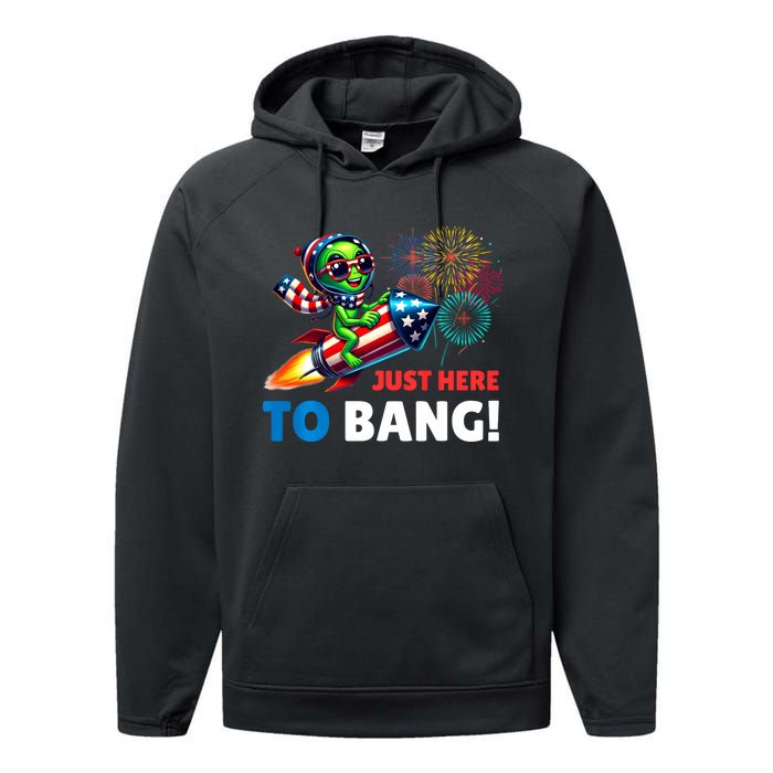 Alien Just Here To Bang Alien Riding A Rocket Fireworks Ufo Performance Fleece Hoodie