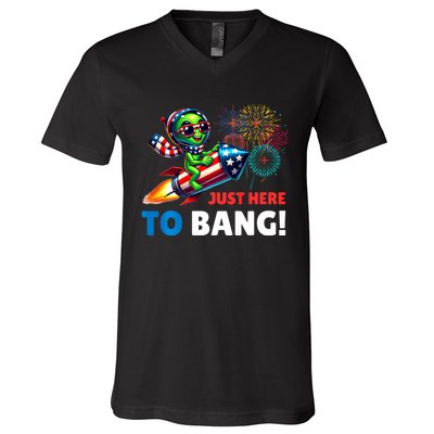 Alien Just Here To Bang Alien Riding A Rocket Fireworks Ufo V-Neck T-Shirt