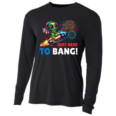 Alien Just Here To Bang Alien Riding A Rocket Fireworks Ufo Cooling Performance Long Sleeve Crew