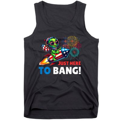 Alien Just Here To Bang Alien Riding A Rocket Fireworks Ufo Tank Top