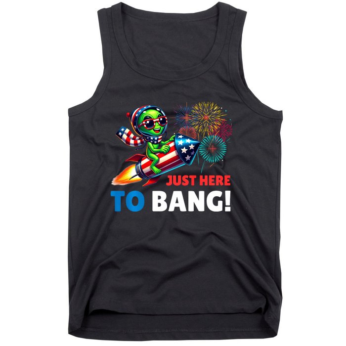 Alien Just Here To Bang Alien Riding A Rocket Fireworks Ufo Tank Top