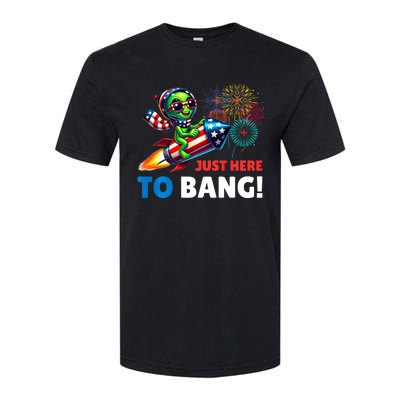 Alien Just Here To Bang Alien Riding A Rocket Fireworks Ufo Softstyle® CVC T-Shirt