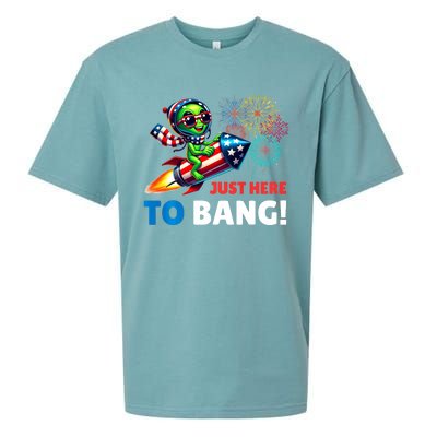 Alien Just Here To Bang Alien Riding A Rocket Fireworks Ufo Sueded Cloud Jersey T-Shirt