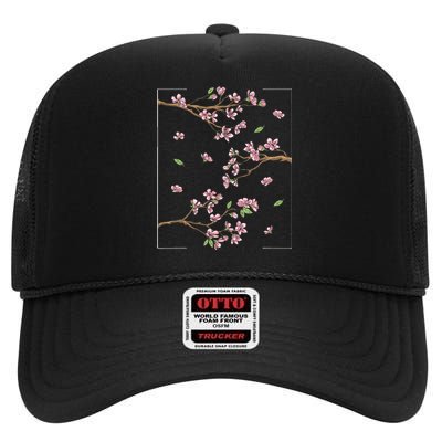 Aesthetic Japanese Style Cherry Blossom Tree Sakura High Crown Mesh Back Trucker Hat