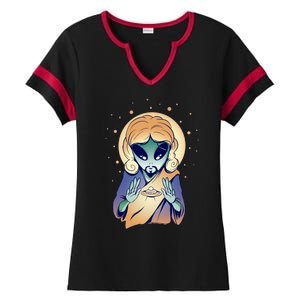 Alien Jesus Space Funny Ladies Halftime Notch Neck Tee