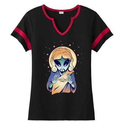 Alien Jesus Space Funny Ladies Halftime Notch Neck Tee