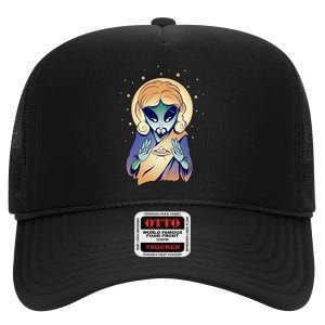 Alien Jesus Space Funny High Crown Mesh Back Trucker Hat