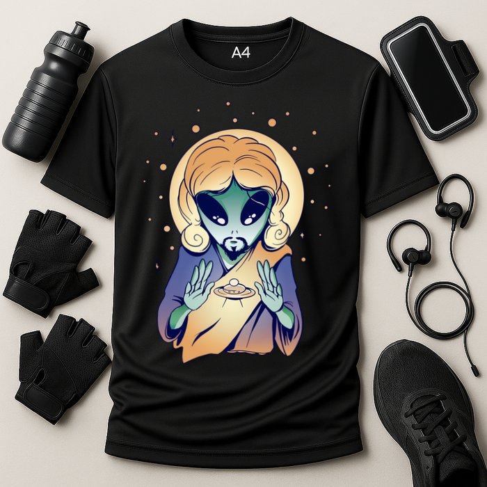 Alien Jesus Space Funny Cooling Performance Crew T-Shirt