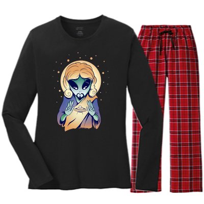 Alien Jesus Space Funny Women's Long Sleeve Flannel Pajama Set 