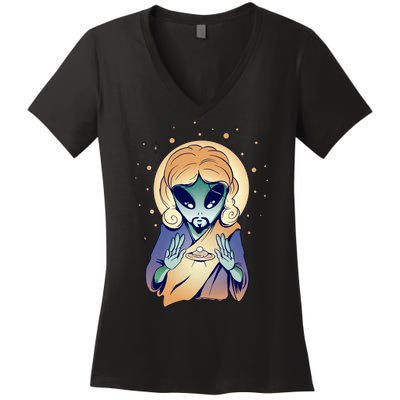 Alien Jesus Space Funny Women's V-Neck T-Shirt