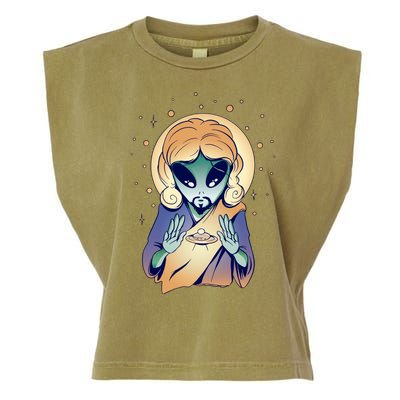 Alien Jesus Space Funny Garment-Dyed Women's Muscle Tee