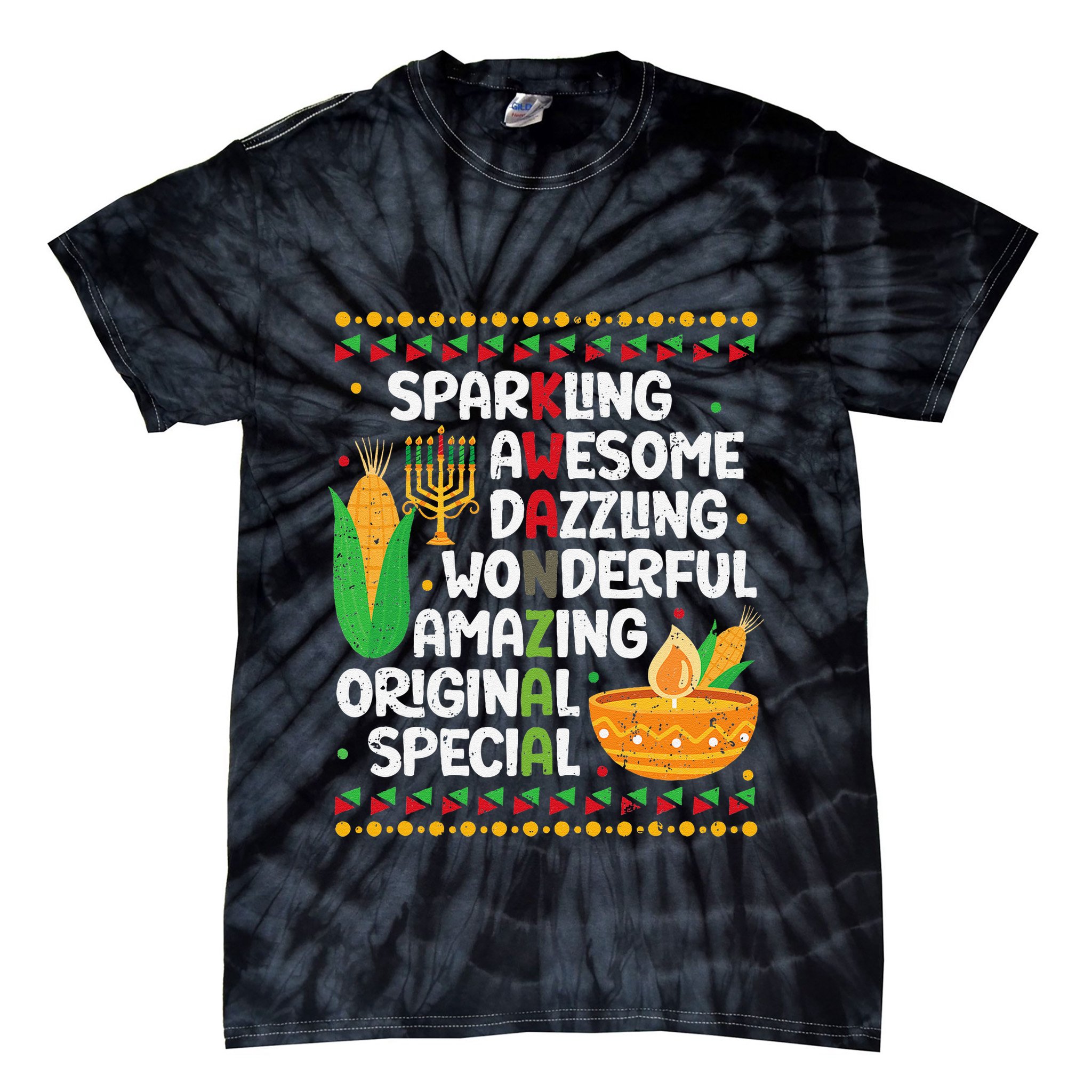 African Kwanzaa 7 Principles Acronym Kinara Corn Unity Cup Tie-Dye T-Shirt