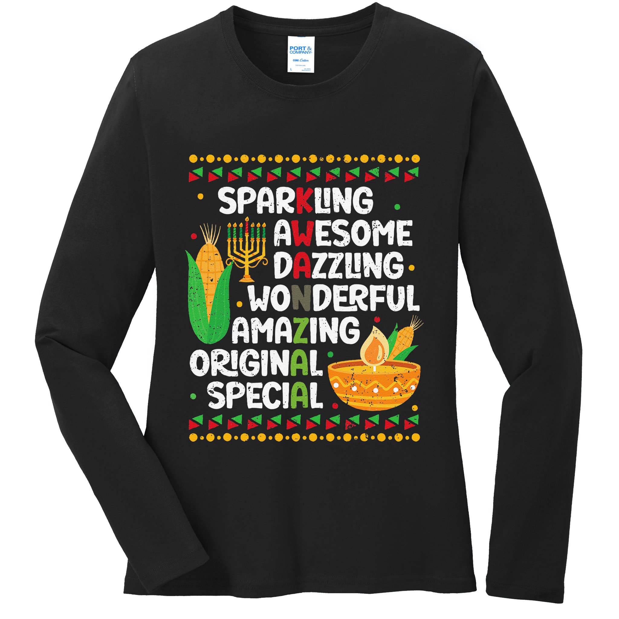 African Kwanzaa 7 Principles Acronym Kinara Corn Unity Cup Ladies Long Sleeve Shirt