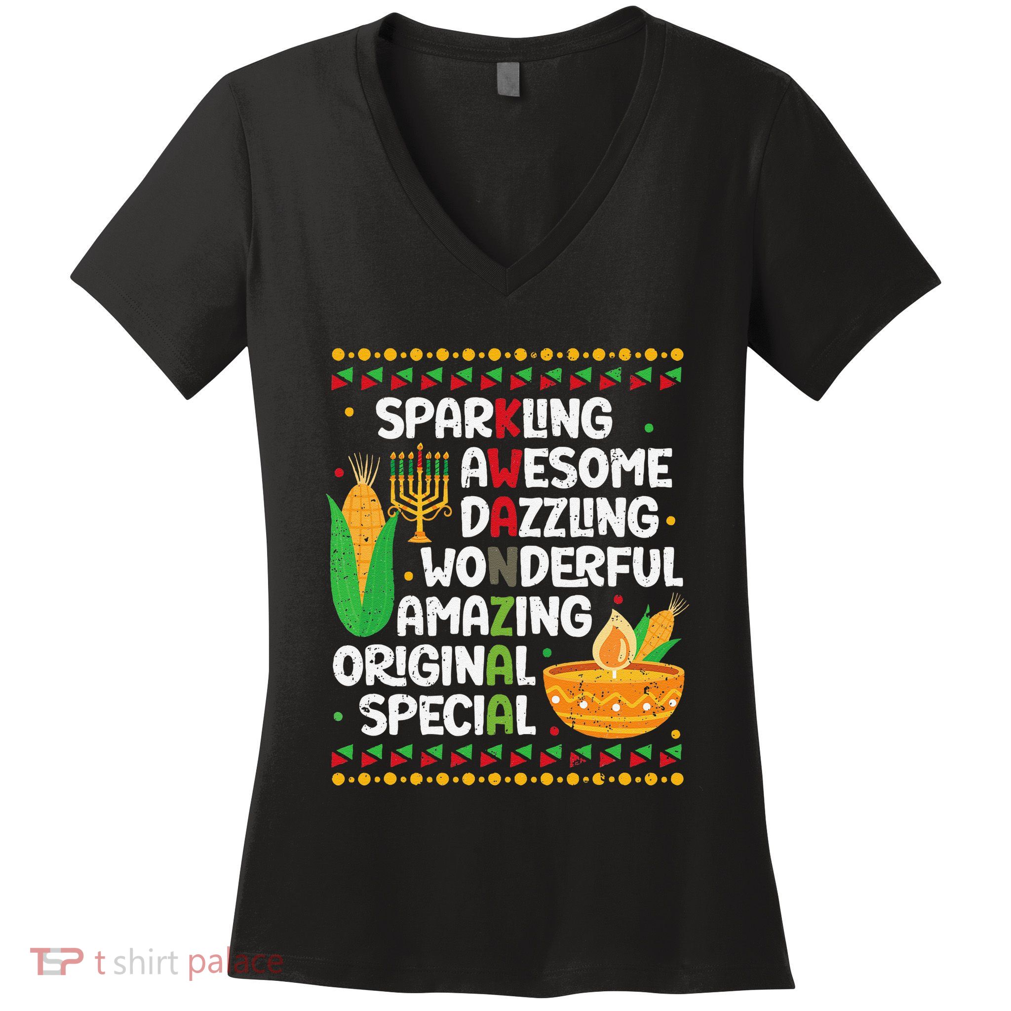 African Kwanzaa 7 Principles Acronym Kinara Corn Unity Cup Women's V-Neck T-Shirt
