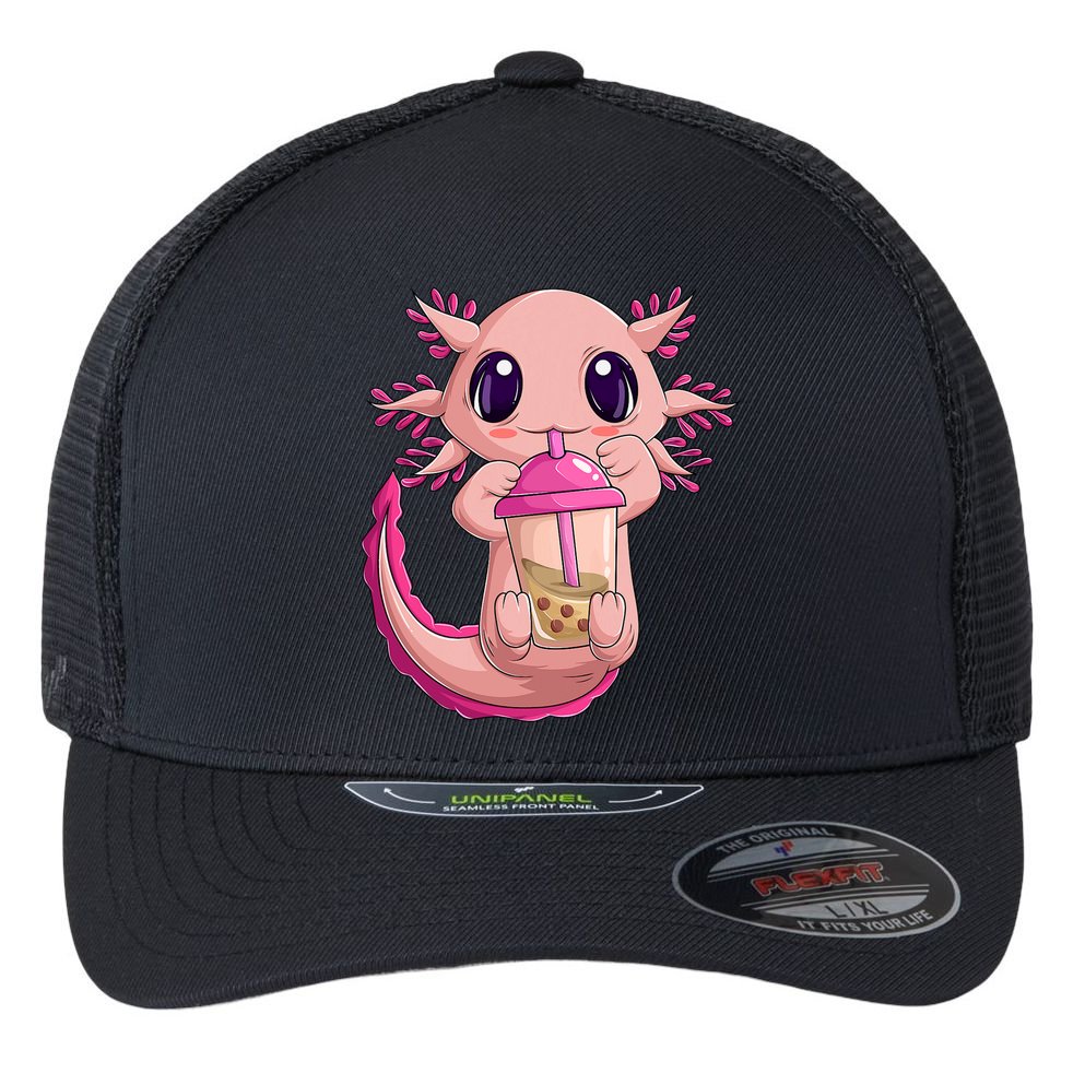 Axolotl Kawaii Anime Boba Tea Flexfit Unipanel Trucker Cap