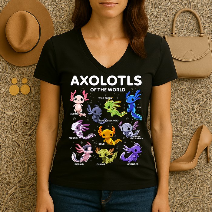Axolotl Kawaii Axolotls Of The World Axolotl Animals Women's V-Neck T-Shirt