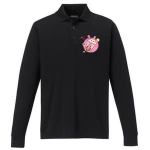 Anime Kawaii Boba Cat Bubble Tea Cat Boba Tea Cat  Performance Long Sleeve Polo