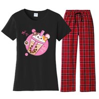 Anime Kawaii Boba Cat Bubble Tea Cat Boba Tea Cat  Women's Flannel Pajama Set