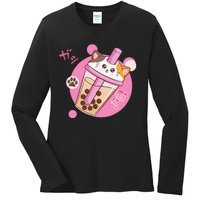 Anime Kawaii Boba Cat Bubble Tea Cat Boba Tea Cat  Ladies Long Sleeve Shirt