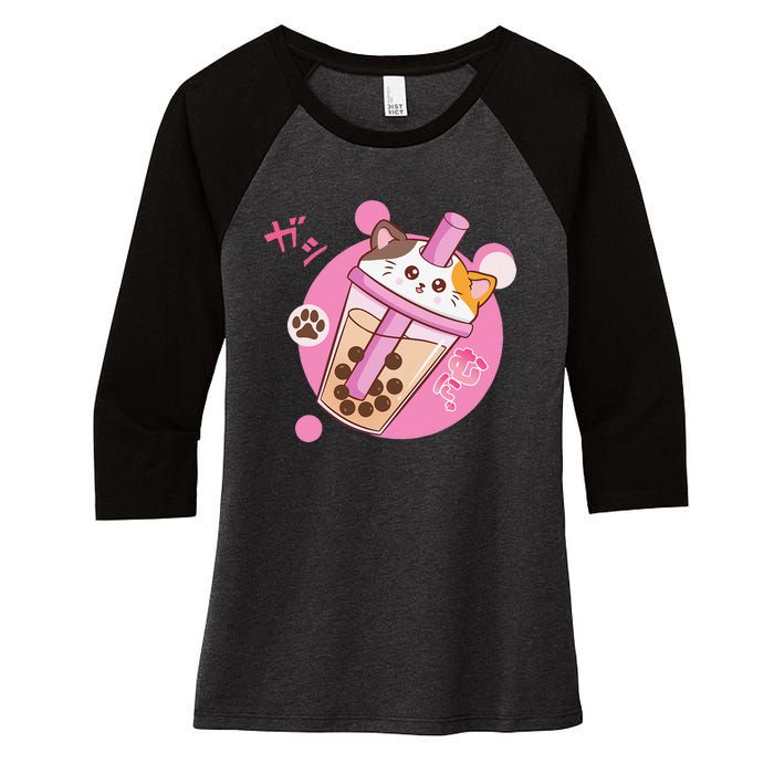 Anime Kawaii Boba Cat Bubble Tea Cat Boba Tea Cat  Women's Tri-Blend 3/4-Sleeve Raglan Shirt