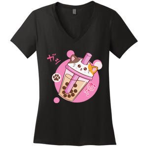 Anime Kawaii Boba Cat Bubble Tea Cat Boba Tea Cat  Women's V-Neck T-Shirt