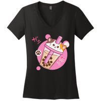 Anime Kawaii Boba Cat Bubble Tea Cat Boba Tea Cat  Women's V-Neck T-Shirt