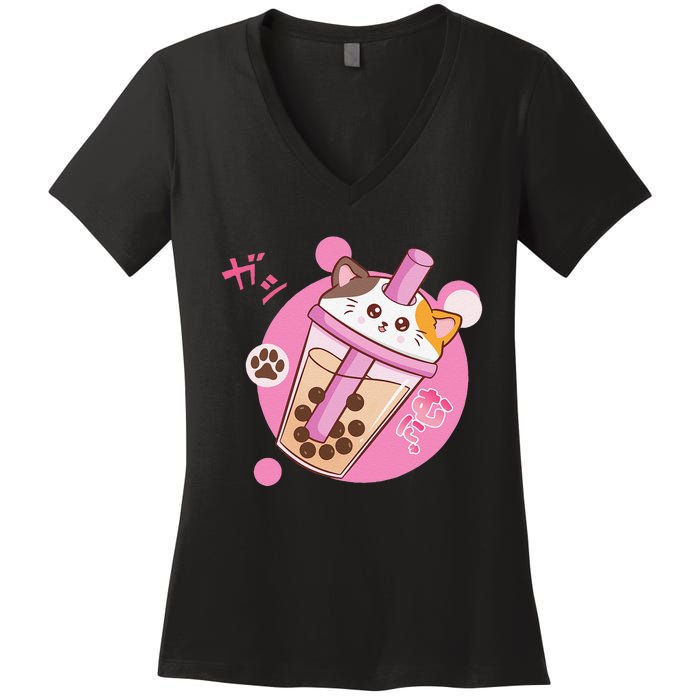 Anime Kawaii Boba Cat Bubble Tea Cat Boba Tea Cat  Women's V-Neck T-Shirt