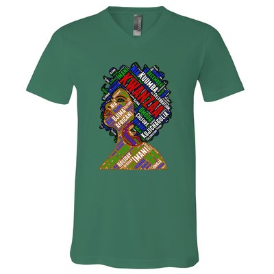 Artistic Kwanzaa Black Woman Afro 7 Principles Red & Green V-Neck T-Shirt