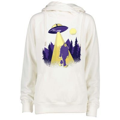 Aliens Kidnapping Bigfoot Womens Funnel Neck Pullover Hood