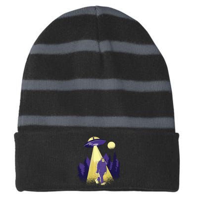 Aliens Kidnapping Bigfoot Striped Beanie with Solid Band