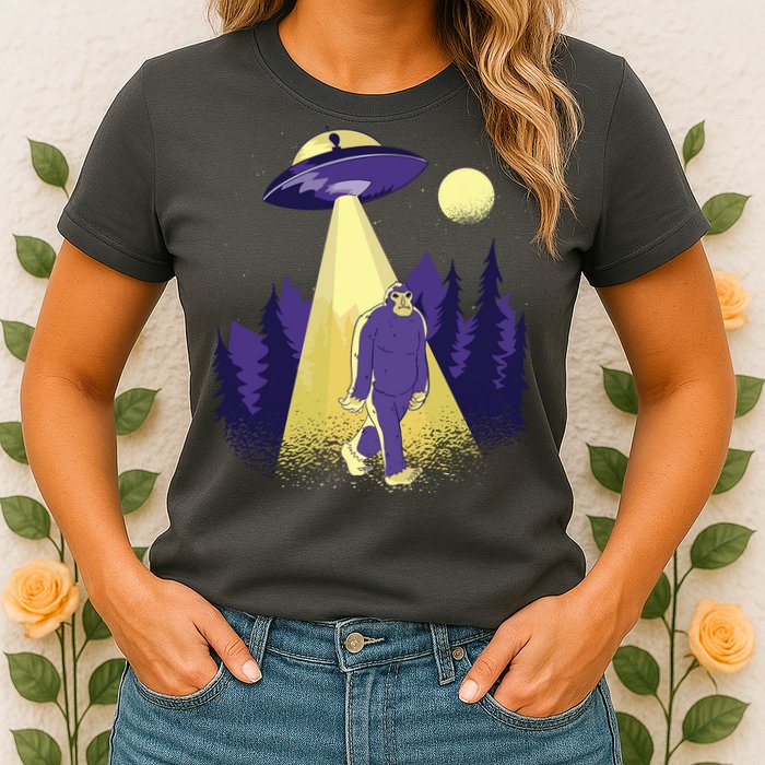 Aliens Kidnapping Bigfoot Womens T-Shirt