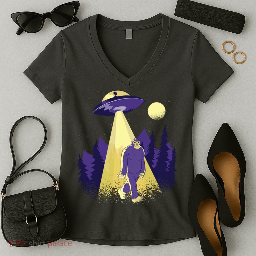 Aliens Kidnapping Bigfoot Women's V-Neck T-Shirt
