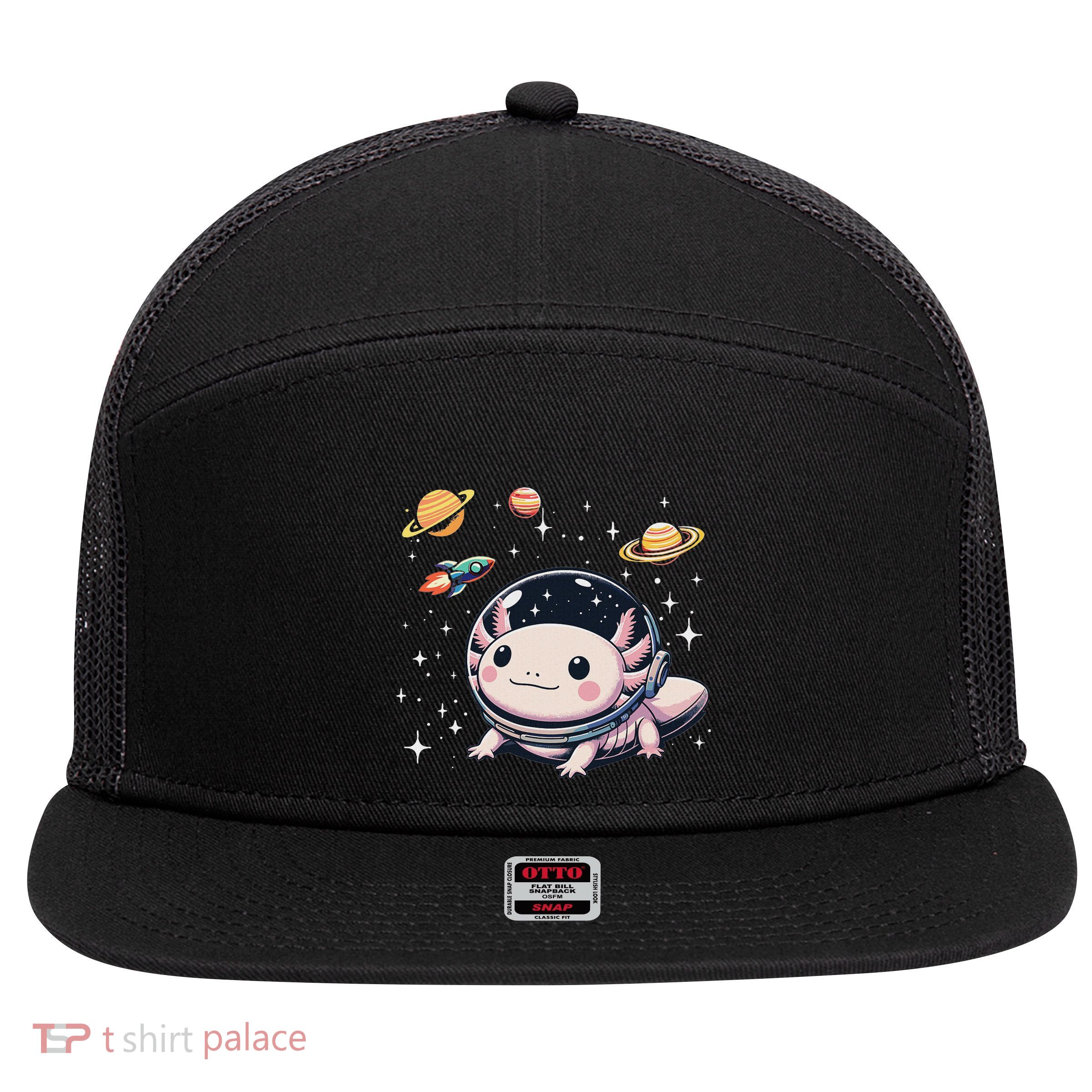 Axolotl Kawaii Cute Axolotls Astronaut Planets Space 7 Panel Mesh Trucker Snapback Hat