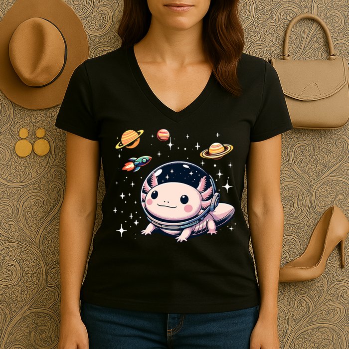 Axolotl Kawaii Cute Axolotls Astronaut Planets Space Women's V-Neck T-Shirt