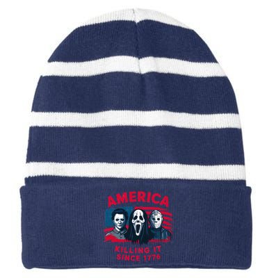 America Killing It Since 1776 Usa Flag Striped Beanie with Solid Band