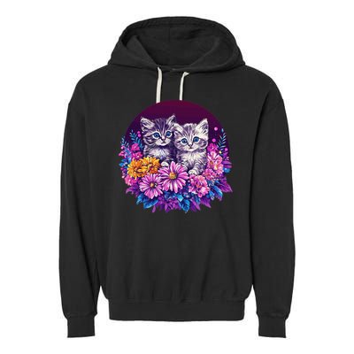 Adorable Kittens In Vibrant Floral Setting Garment-Dyed Fleece Hoodie