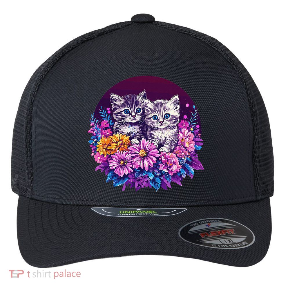 Adorable Kittens In Vibrant Floral Setting Flexfit Unipanel Trucker Cap