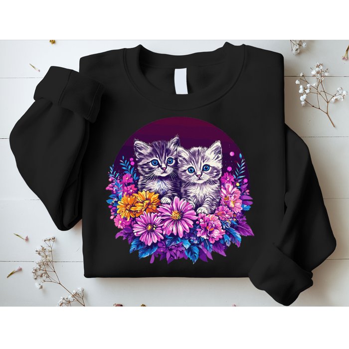 Adorable Kittens In Vibrant Floral Setting Sweatshirt