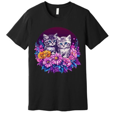 Adorable Kittens In Vibrant Floral Setting Premium T-Shirt