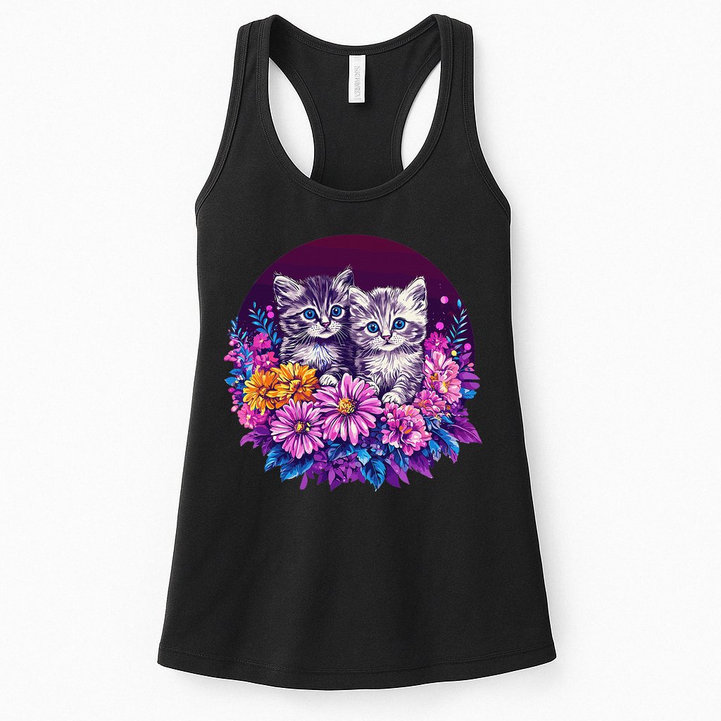 Adorable Kittens In Vibrant Floral Setting Womens Tank Top