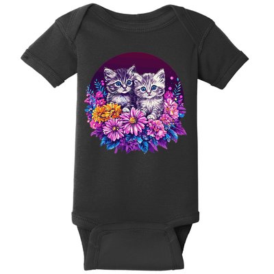 Adorable Kittens In Vibrant Floral Setting Baby Bodysuit